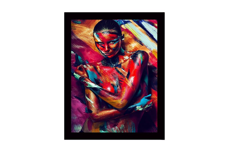 Indrammet lærred i træ - 41x56 cm - Farverigt kropsmaleri af en kvinde, der udtrykker følelser gennem bevægelse og farve, Rød / Blå / Gul