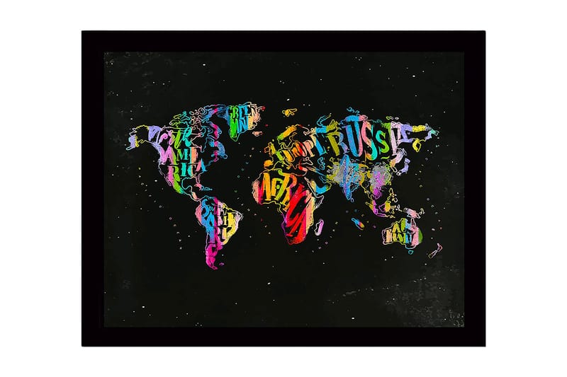Indrammet lærred i træ - 41x56 cm - Farverigt verdenskort lavet af bogstaver og tekst - Lilla / Grøn / Rød - Boligtilbehør - Billeder & kunst