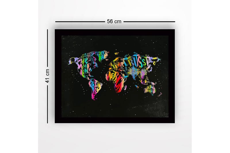 Indrammet lærred i træ - 41x56 cm - Farverigt verdenskort lavet af bogstaver og tekst - Lilla / Grøn / Rød - Boligtilbehør - Billeder & kunst