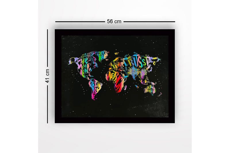 Indrammet lærred i træ - 41x56 cm - Farverigt verdenskort lavet af bogstaver og tekst - Lilla / Grøn / Rød - Boligtilbehør - Billeder & kunst
