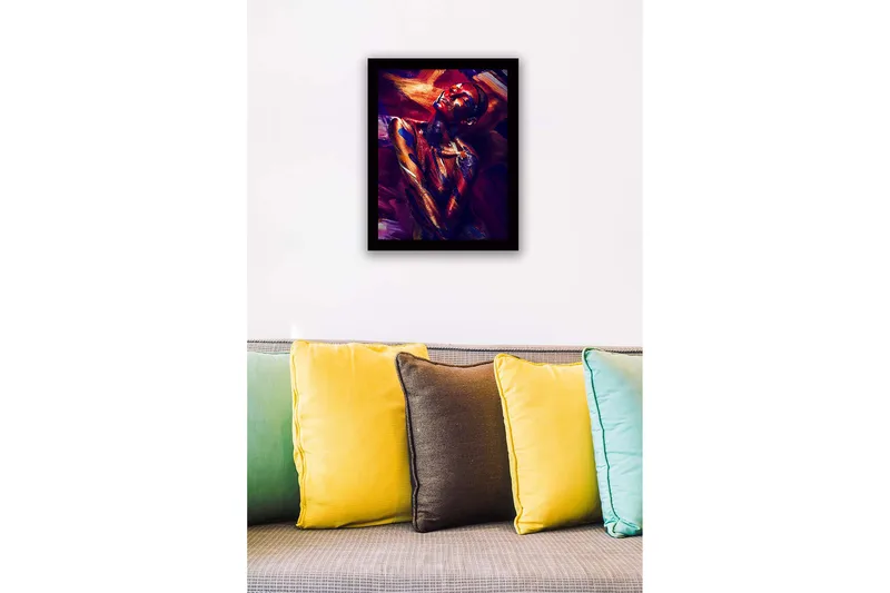 Indrammet lærred i træ - 41x56 cm - Farverigt portræt af en nøgenmodel med abstrakt kropsmaling - Mørkerød / Blå / Guld - Boligtilbehør - Billeder & kunst