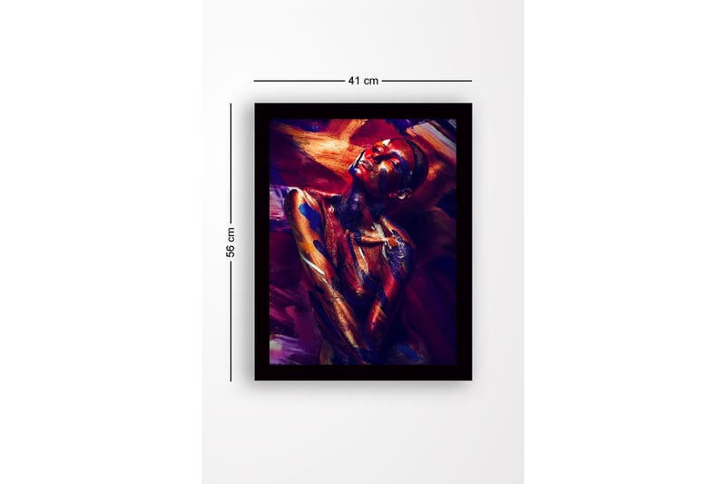 Indrammet lærred i træ - 41x56 cm - Farverigt portræt af en nøgenmodel med abstrakt kropsmaling - Mørkerød / Blå / Guld - Boligtilbehør - Billeder & kunst