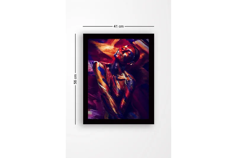 Indrammet lærred i træ - 41x56 cm - Farverigt portræt af en nøgenmodel med abstrakt kropsmaling - Mørkerød / Blå / Guld - Boligtilbehør - Billeder & kunst