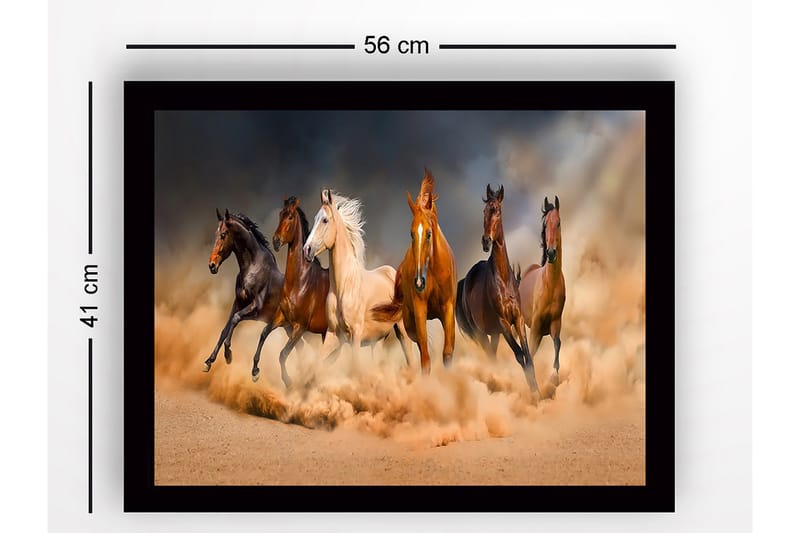 Indrammet lærred i træ - 41x56 cm - Fem heste bevæger sig gennem en sandstorm - Brun / Beige / Sort - Boligtilbehør - Billeder & kunst