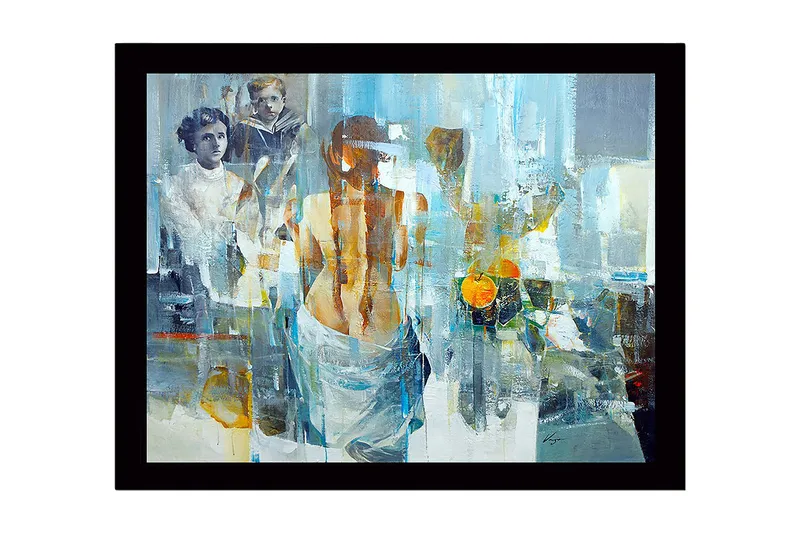 Indrammet lærred i træ - 41x56 cm - Figurativ komposition med en kvinde, der vender ryggen til beskueren, og to børn i baggrunden, Blå / Orange / Grå