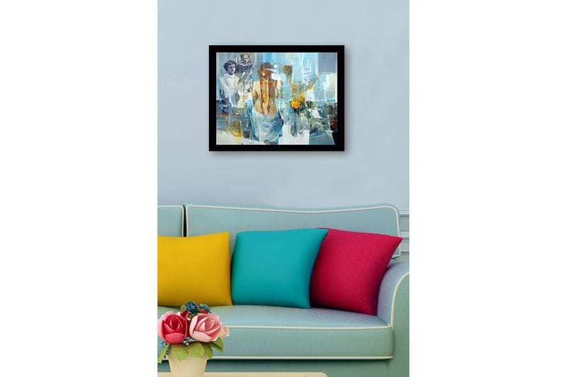 Indrammet lærred i træ - 41x56 cm - Figurativ komposition med en kvinde, der vender ryggen til beskueren, og to børn i baggrunden - Blå / Orange / Grå - Boligtilbehør - Billeder & kunst