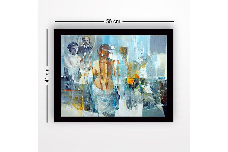 Indrammet lærred i træ - 41x56 cm - Figurativ komposition med en kvinde, der vender ryggen til beskueren, og to børn i baggrunden - Blå / Orange / Grå - Boligtilbehør - Billeder & kunst