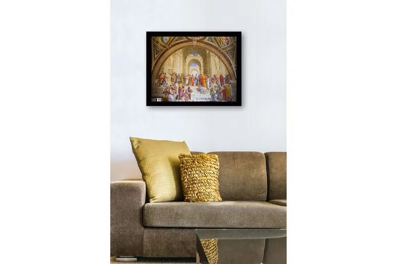 Indrammet lærred i træ - 41x56 cm - Filosofisk samling af tænkere i et stort arkitektonisk miljø - Blå / Beige / Rød - Boligtilbehør - Billeder & kunst