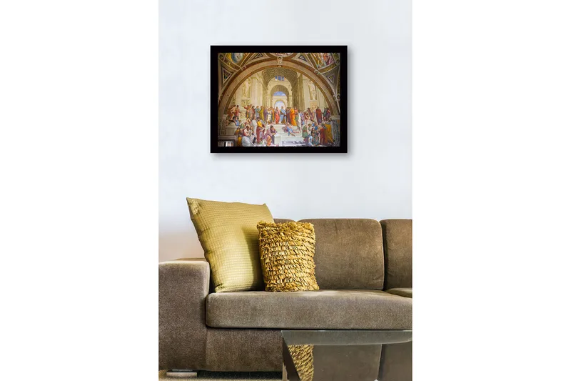 Indrammet lærred i træ - 41x56 cm - Filosofisk samling af tænkere i et stort arkitektonisk miljø - Blå / Beige / Rød - Boligtilbehør - Billeder & kunst