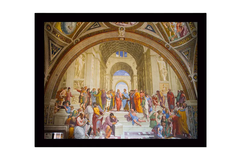 Indrammet lærred i træ - 41x56 cm - Filosofisk samling af tænkere i et stort arkitektonisk miljø, Blå / Beige / Rød