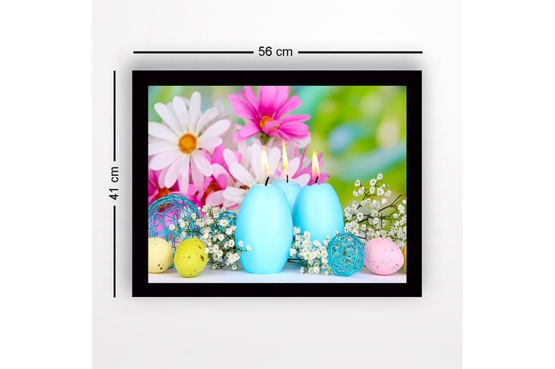 Indrammet lærred i træ - 41x56 cm - Forårsro med lyseblå lys og farverige påskeæg - Lyseblå / Pink / Gul - Boligtilbehør - Billeder & kunst