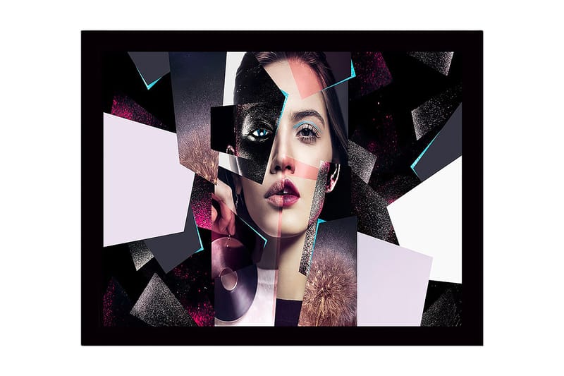 Indrammet lærred i træ - 41x56 cm - Fragmenteret portræt af en kvinde med geometriske former - Sort / Pink / Lyseblå - Boligtilbehør - Billeder & kunst