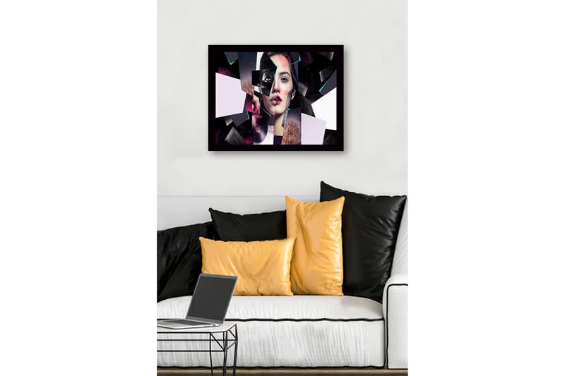 Indrammet lærred i træ - 41x56 cm - Fragmenteret portræt af en kvinde med geometriske former - Sort / Pink / Lyseblå - Boligtilbehør - Billeder & kunst
