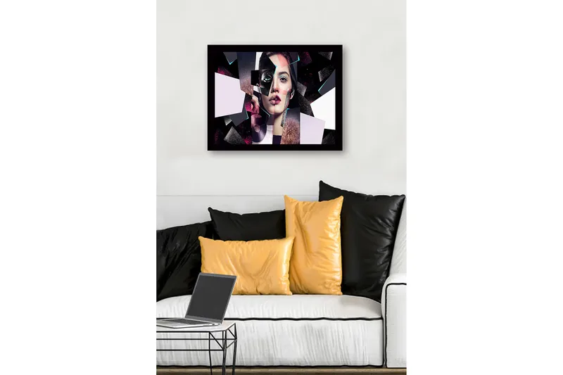 Indrammet lærred i træ - 41x56 cm - Fragmenteret portræt af en kvinde med geometriske former - Sort / Pink / Lyseblå - Boligtilbehør - Billeder & kunst