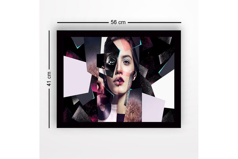 Indrammet lærred i træ - 41x56 cm - Fragmenteret portræt af en kvinde med geometriske former - Sort / Pink / Lyseblå - Boligtilbehør - Billeder & kunst