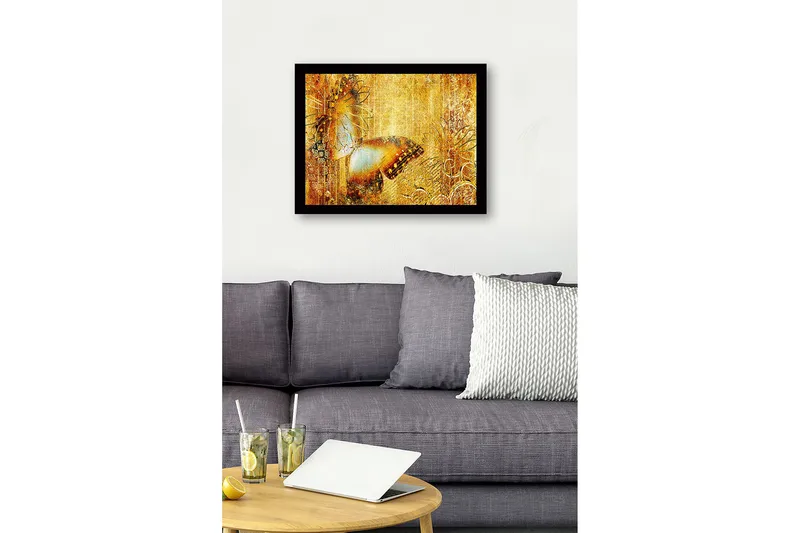 Indrammet lærred i træ - 41x56 cm - Glitrende sommerfugl i gyldne omgivelser - Guld / Brun / Blå - Boligtilbehør - Billeder & kunst