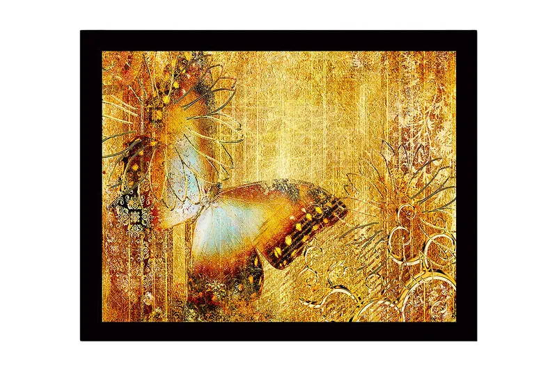 Indrammet lærred i træ - 41x56 cm - Glitrende sommerfugl i gyldne omgivelser, Guld / Brun / Blå