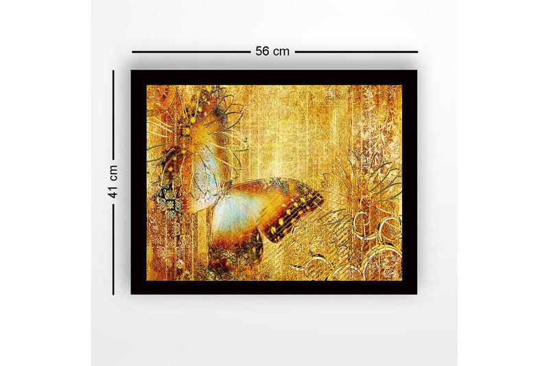 Indrammet lærred i træ - 41x56 cm - Glitrende sommerfugl i gyldne omgivelser - Guld / Brun / Blå - Boligtilbehør - Billeder & kunst