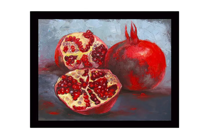 Indrammet lærred i træ - 41x56 cm - Granatæbler i en rolig komposition, Rød / Beige / Grå