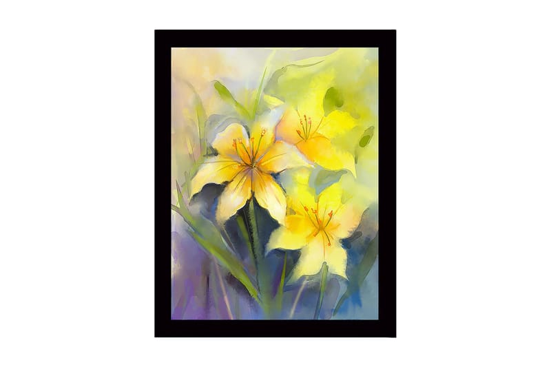 Indrammet lærred i træ - 41x56 cm - Gule liljer i en blød og drømmende komposition, Gul / Grøn / Lilla