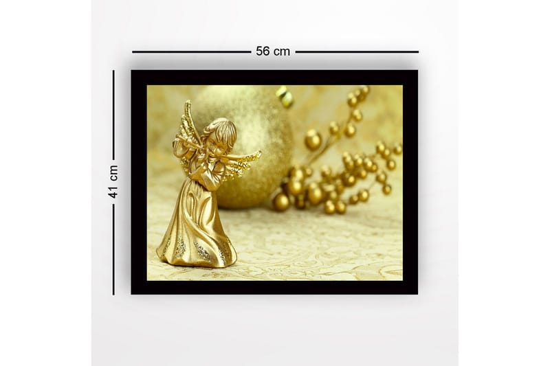 Indrammet lærred i træ - 41x56 cm - Gylden engel spiller fløjte - Guld / Beige - Boligtilbehør - Billeder & kunst