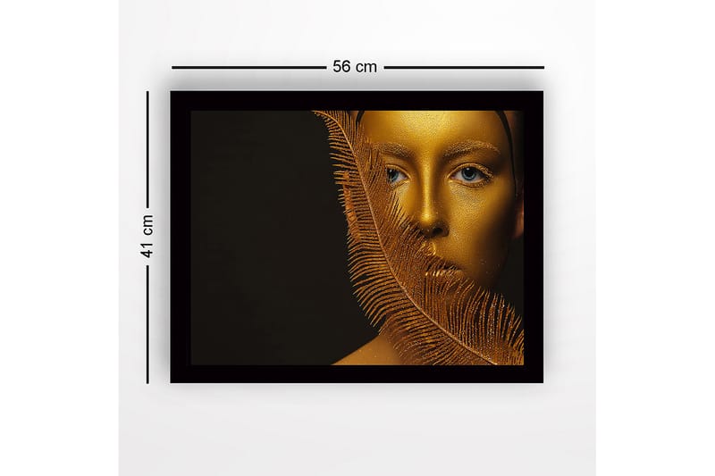 Indrammet lærred i træ - 41x56 cm - Gyldent ansigt delvist skjult af en fjerlignende struktur - Guld / Sort - Boligtilbehør - Billeder & kunst