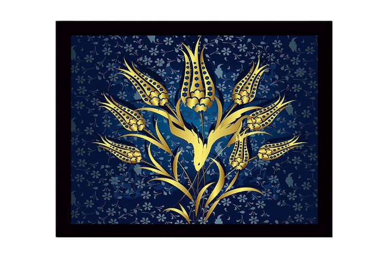 Indrammet lærred i træ - 41x56 cm - Gyldne blomster mod en mørkeblå baggrund - Guld / Mørkeblå - Boligtilbehør - Billeder & kunst