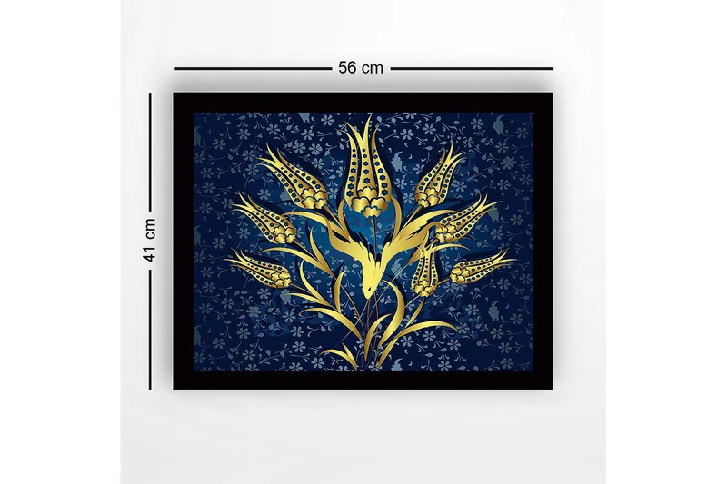 Indrammet lærred i træ - 41x56 cm - Gyldne blomster mod en mørkeblå baggrund - Guld / Mørkeblå - Boligtilbehør - Billeder & kunst