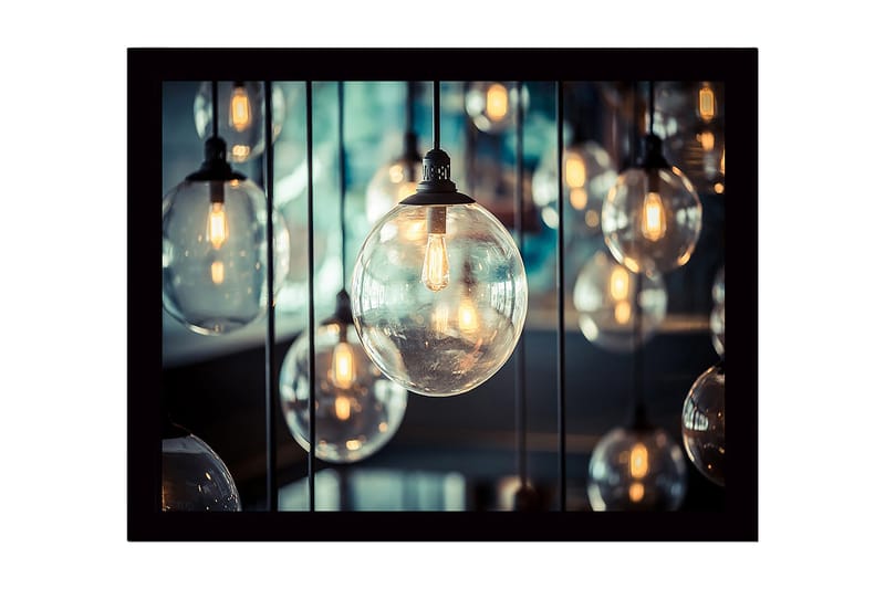 Indrammet lærred i træ - 41x56 cm - Hængende glaskupler med lyskilder, Klar / Guld / Sort