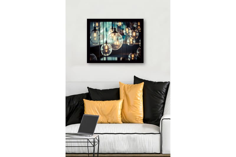 Indrammet lærred i træ - 41x56 cm - Hængende glaskupler med lyskilder - Klar / Guld / Sort - Boligtilbehør - Billeder & kunst