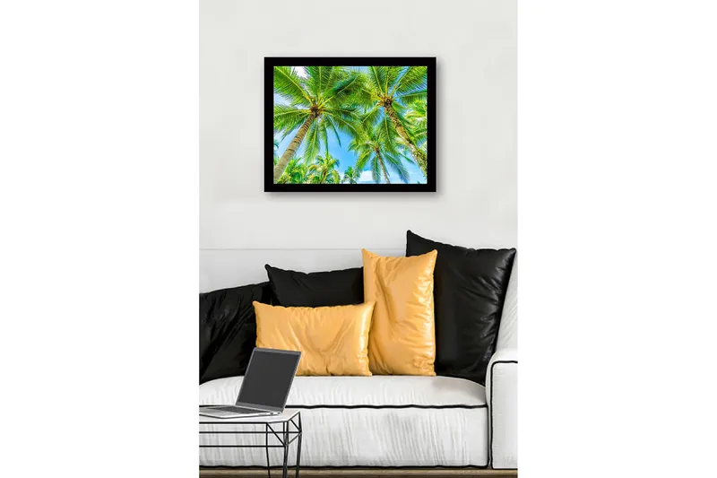 Indrammet lærred i træ - 41x56 cm - Høje palmer mod en klar blå himmel - Grøn / Blå - Boligtilbehør - Billeder & kunst