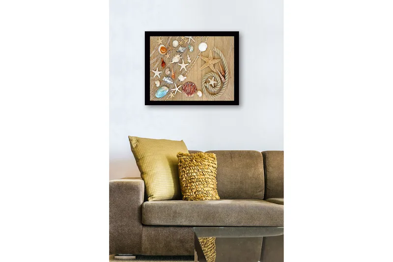 Indrammet lærred i træ - 41x56 cm - Havinspireret samling af skaller og søstjerner - Beige / Hvid / Blå - Boligtilbehør - Billeder & kunst