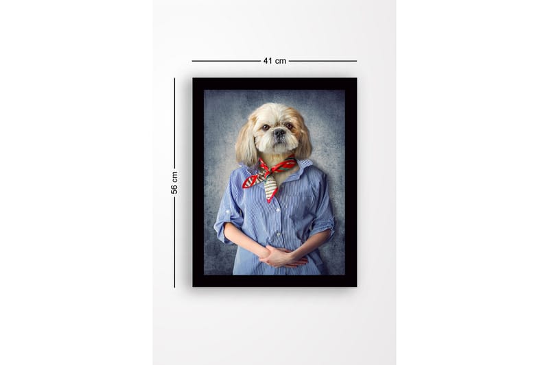 Indrammet lærred i træ - 41x56 cm - Hund med menneskelignende træk iført skjorte og tørklæde - Blå / Beige / Rød - Boligtilbehør - Billeder & kunst