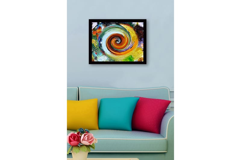 Indrammet lærred i træ - 41x56 cm - Hvirvlende farvekomposition med spiralmønster - Grøn / Orange / Gul - Boligtilbehør - Billeder & kunst