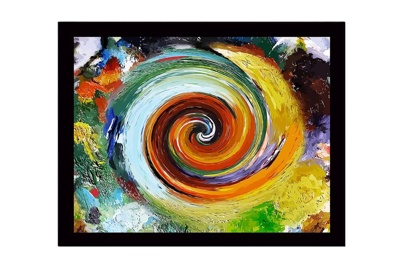 Indrammet lærred i træ - 41x56 cm - Hvirvlende farvekomposition med spiralmønster, Grøn / Orange / Gul