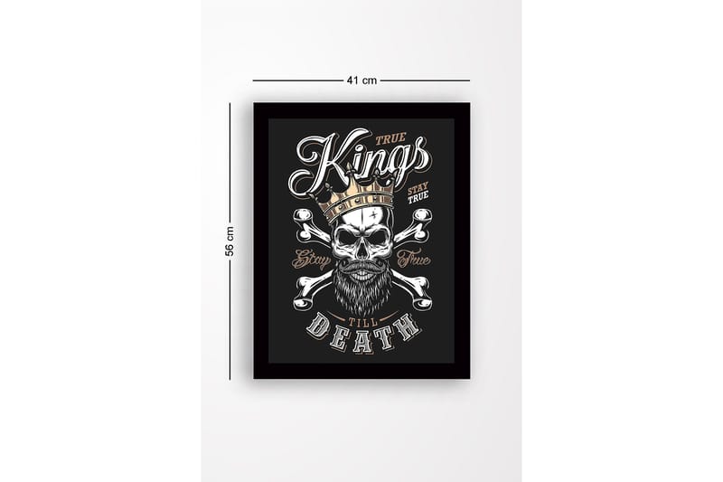 Indrammet lærred i træ - 41x56 cm - Kranie med krone og korsknogler - Sort / Hvid / Guld - Boligtilbehør - Billeder & kunst
