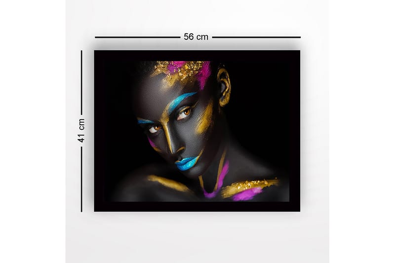 Indrammet lærred i træ - 41x56 cm - Kunstværk af en kvinde med farverig ansigtsmaling - Sort / Blå / Guld - Boligtilbehør - Billeder & kunst