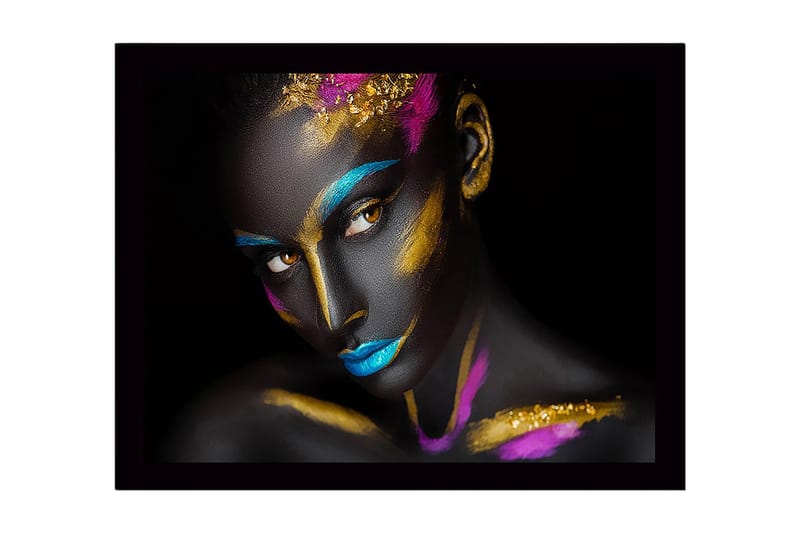 Indrammet lærred i træ - 41x56 cm - Kunstværk af en kvinde med farverig ansigtsmaling, Sort / Blå / Guld