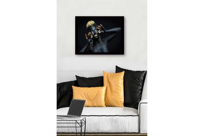 Indrammet lærred i træ - 41x56 cm - Kunstværk med en kvinde i sort kropsmaling og gyldne detaljer - Sort / Guld / Brun - Boligtilbehør - Billeder & kunst