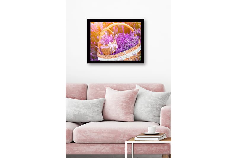 Indrammet lærred i træ - 41x56 cm - Kurv fyldt med lavendelblomster - Lilla / Grøn / Brun - Boligtilbehør - Billeder & kunst