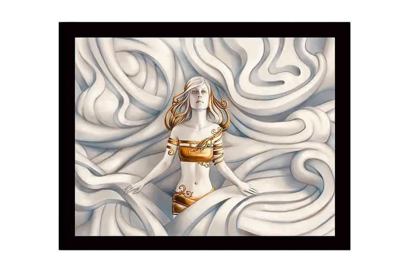 Indrammet lærred i træ - 41x56 cm - Kvinde i et drømmeagtigt miljø omgivet af svajende former, Hvid / Beige / Gylden
