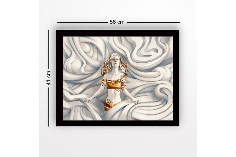 Indrammet lærred i træ - 41x56 cm - Kvinde i et drømmeagtigt miljø omgivet af svajende former - Hvid / Beige / Gylden - Boligtilbehør - Billeder & kunst