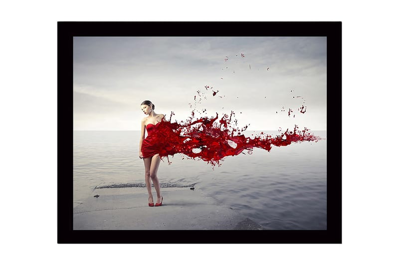 Indrammet lærred i træ - 41x56 cm - Kvinde i rød kjole med flydende røde malingpartikler, Rød / Grå