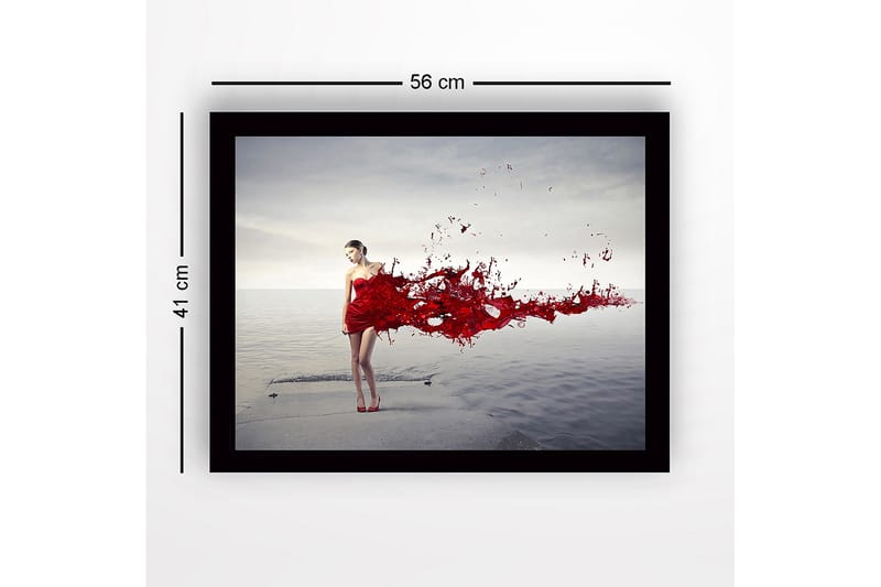 Indrammet lærred i træ - 41x56 cm - Kvinde i rød kjole med flydende røde malingpartikler - Rød / Grå - Boligtilbehør - Billeder & kunst