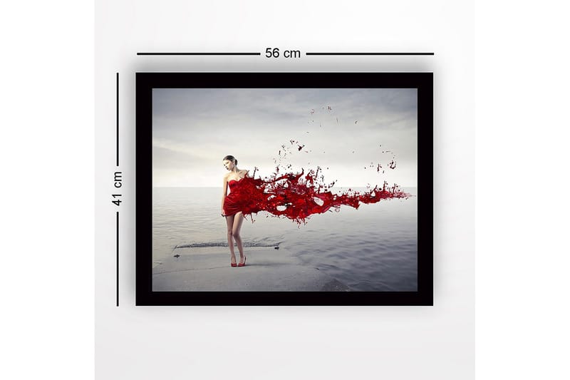 Indrammet lærred i træ - 41x56 cm - Kvinde i rød kjole med flydende røde malingpartikler - Rød / Grå - Boligtilbehør - Billeder & kunst