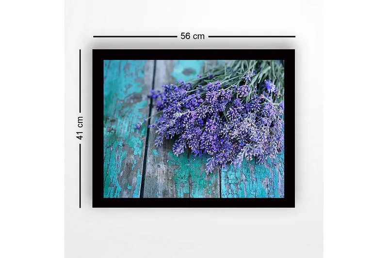 Indrammet lærred i træ - 41x56 cm - Lavendelbuket på en slidt træoverflade - Lilla / Turkis / Grå - Boligtilbehør - Billeder & kunst