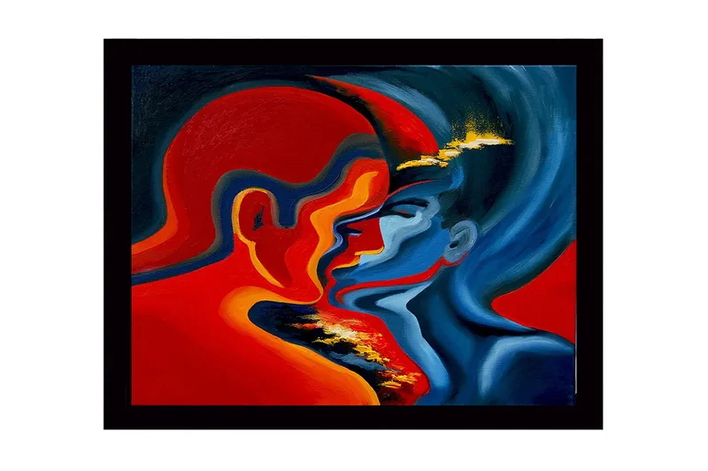 Indrammet lærred i træ - 41x56 cm - Lidenskabeligt møde mellem to ansigter i intense farver, Rød / Blå / Orange