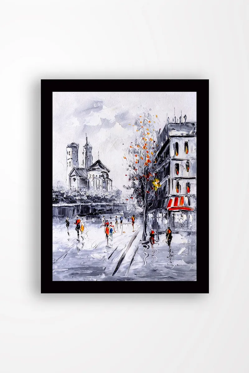 Indrammet lærred i træ - 41x56 cm - Livligt bybillede med mennesker, der går i et efterårsmiljø, Grå / Orange / Rød