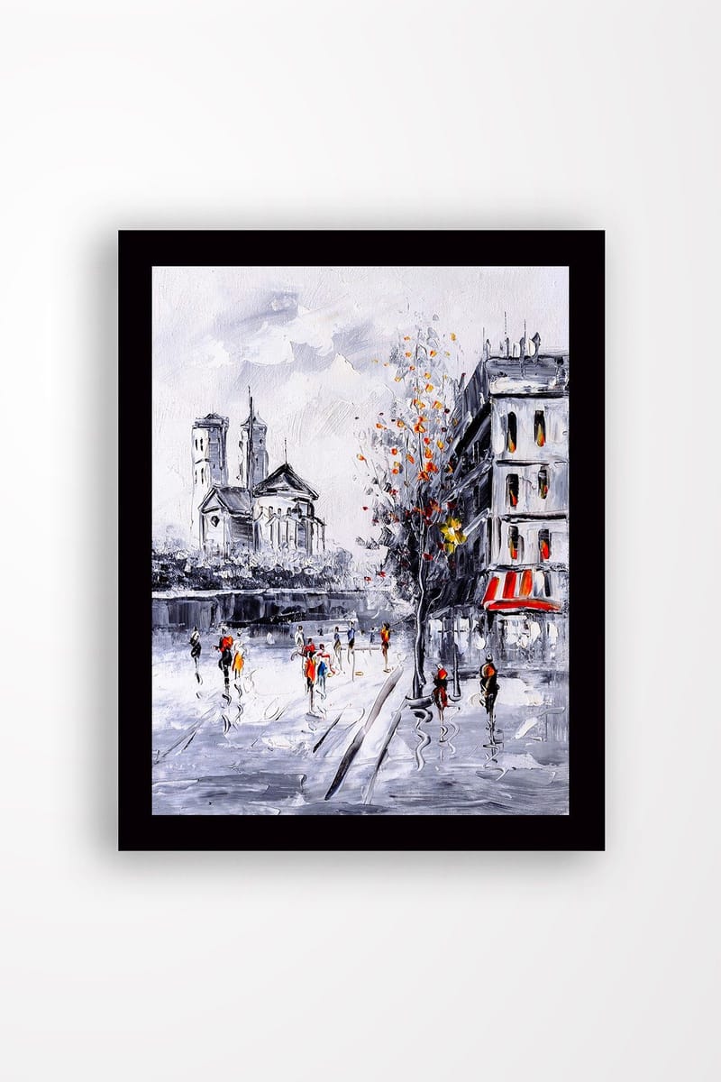 Indrammet lærred i træ - 41x56 cm - Livligt bybillede med mennesker, der går i et efterårsmiljø, Grå / Orange / Rød