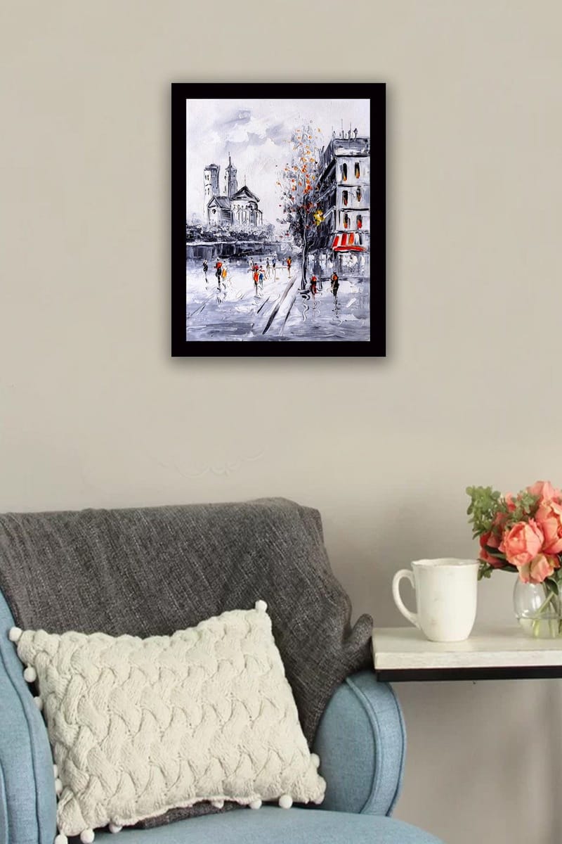 Indrammet lærred i træ - 41x56 cm - Livligt bybillede med mennesker, der går i et efterårsmiljø - Grå / Orange / Rød - Boligtilbehør - Billeder & kunst